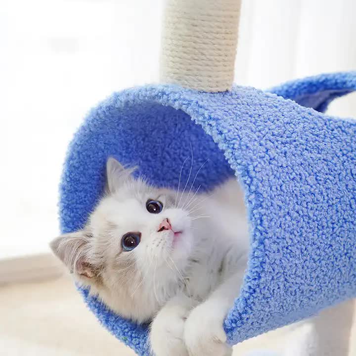 Interactive Cat Tunnel & Scratching Post with Spring Toy - Cozy Playtime for Kittens Blue