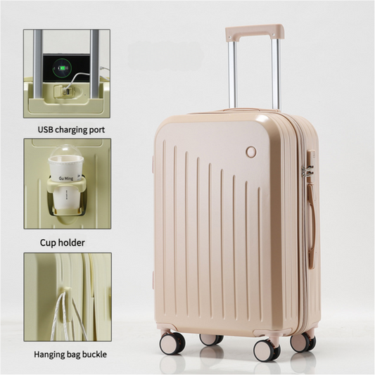 Smart Carry-On Luggage with Cup Holder & USB Charging Port - Pink Color Spinner Suitcase for Travel Convenience  20 inch