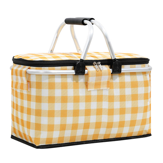 Insulated Picnic Basket with Aluminum Frame - Portable Collapsible Cooler Bag 18L 40*20*23cm(Yellow plaid)