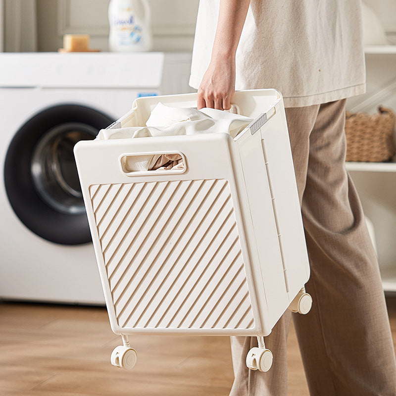 Foldable Laundry Basket with Wheels - Portable Rolling Hamper for Home Use 33*28*48cm Cream Yellow