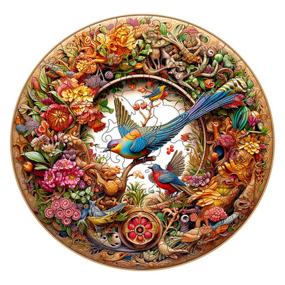 Intricate Garden Birds Round Wooden Puzzle - Vibrant Nature-Themed Artwork(L-paper box-H188)