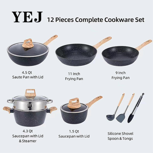 YEJ 12-Piece Non-Stick Complete Cookware Set | Pots, Pans & Utensils  (Black)