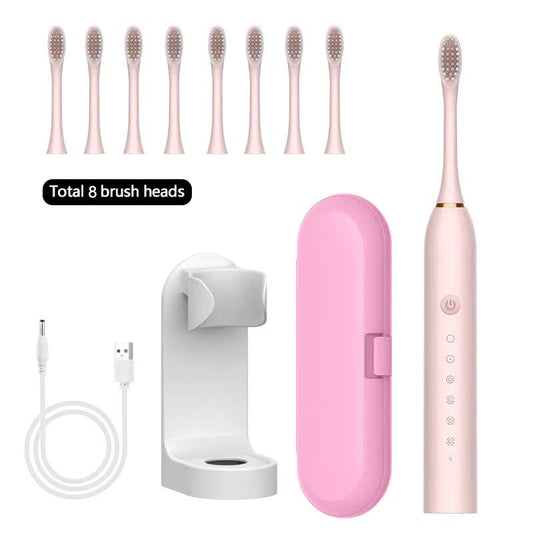 X-3 Sonic Electric Toothbrush in Pink, 8 Brush Heads, Travel Case, USB Charging, and Stand Included