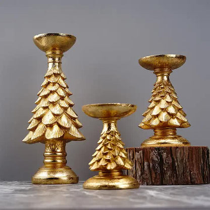 Set of 3 Gold Christmas Tree Candle Holders - Festive Resin Pillar Stands, Elegant Holiday Decor