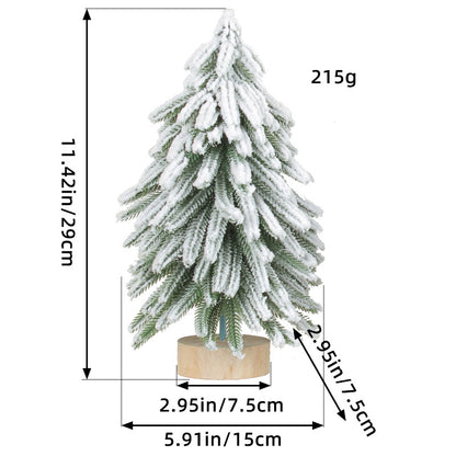 Miniature Snowy Artificial Pine Tree Decoration - 11.42 Inch Tabletop Christmas Tree with Wooden Base