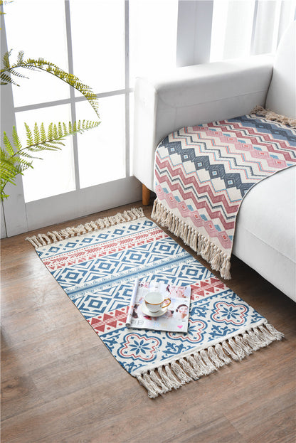 Bohemian Cotton Area Rug with Tassels - Geometric Pattern, Decorative Floor Mat 60*90cm