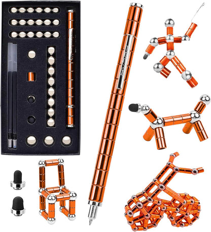 Magnetic Fingertip Pen Building Toy Set - Multifunctional Orange Magnet Pen with Creative Building Blocks and Replacement Refills