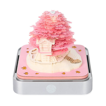 Pink Tree House 3D Paper Sculpture Night Light with Notepad, Silver Base - Elegant Gift Set for Home and Office