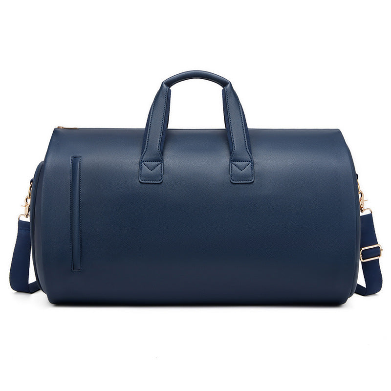 Blue PU Leather Travel Duffel Bag - Large Capacity Waterproof Suit Bag with Shoe Compartment