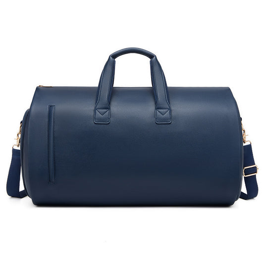 Blue PU Leather Travel Duffel Bag - Large Capacity Waterproof Suit Bag with Shoe Compartment