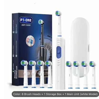 White Rechargeable Electric Toothbrush with Travel Case - 8 Replacement Heads for Deep Cleaning