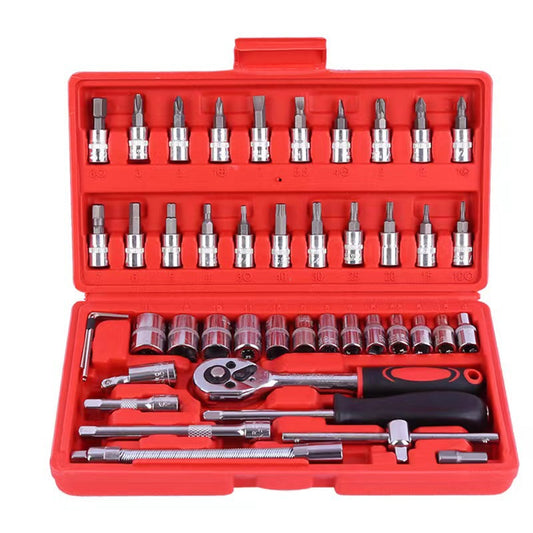 46-Piece Professional Socket Wrench Set - 1/4 Drive, Chrome Vanadium Steel, Ratchet & Bit Kit for Automotive and Household Repairs Red Box