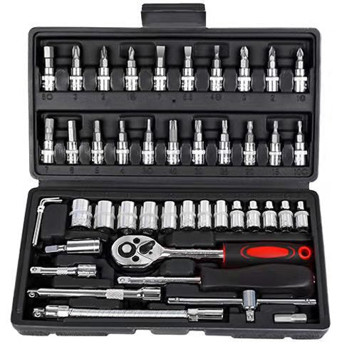 46-Piece Professional Socket Wrench Set - 1/4 Drive, Chrome Vanadium Steel, Ratchet & Bit Kit for Automotive and Household Repairs Black Box