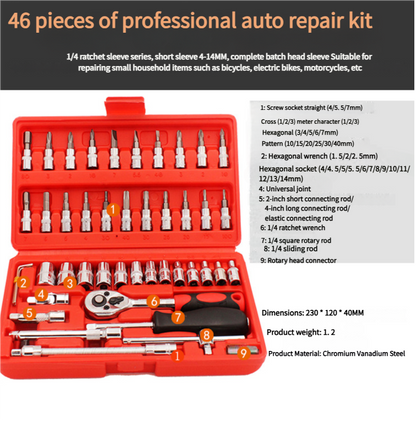 46-Piece Professional Socket Wrench Set - 1/4 Drive, Chrome Vanadium Steel, Ratchet & Bit Kit for Automotive and Household Repairs Black Box