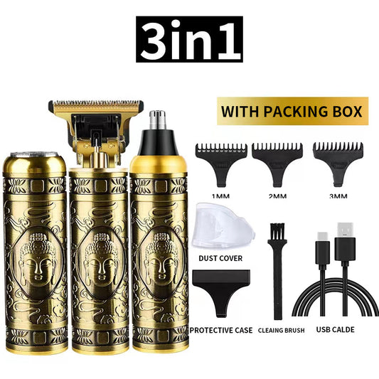 3-in-1 Professional Hair Clipper Set - Rechargeable Beard Trimmer, Nose Hair Trimmer, and Electric Shaver with USB Cable, Cleaning Brush, and Attachments