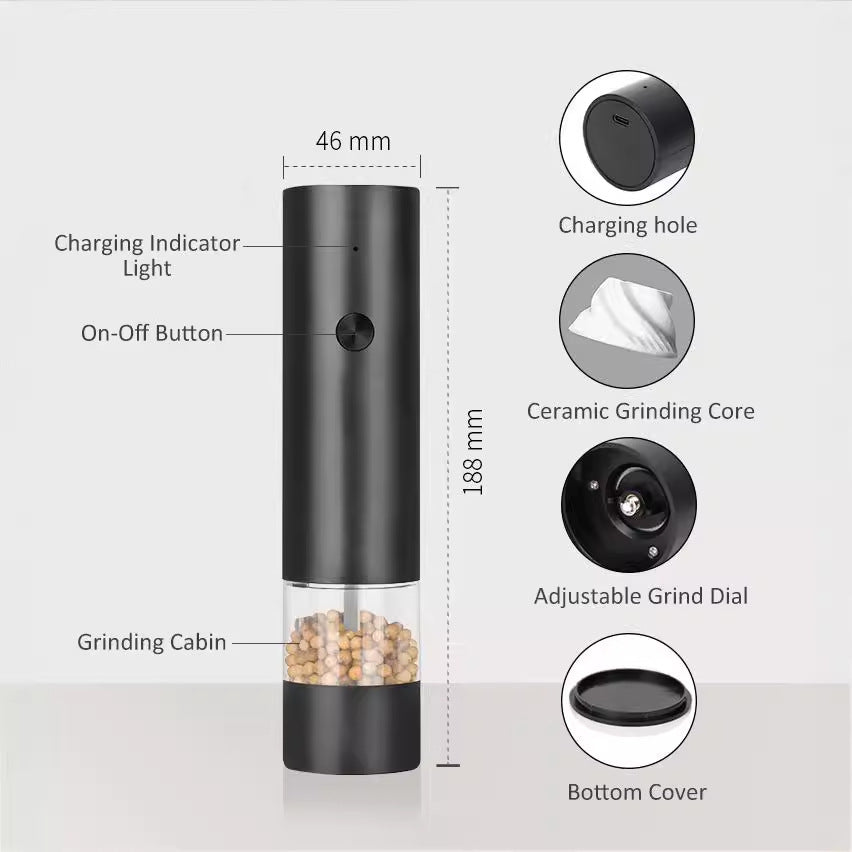 Rechargeable Electric Salt and Pepper Grinder Set (Includes Two Grinders) - Adjustable Ceramic Grinding Core with USB Charging