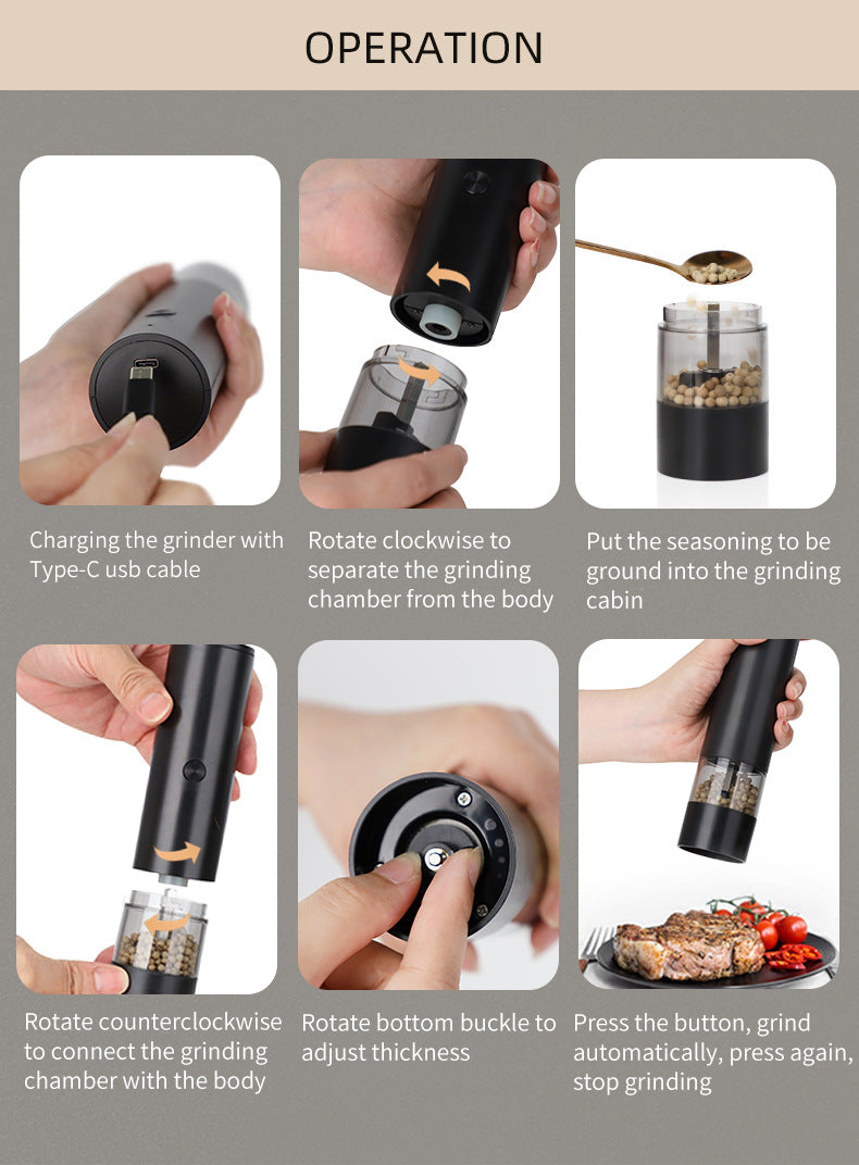 Rechargeable Electric Salt and Pepper Grinder Set (Includes Two Grinders) - Adjustable Ceramic Grinding Core with USB Charging