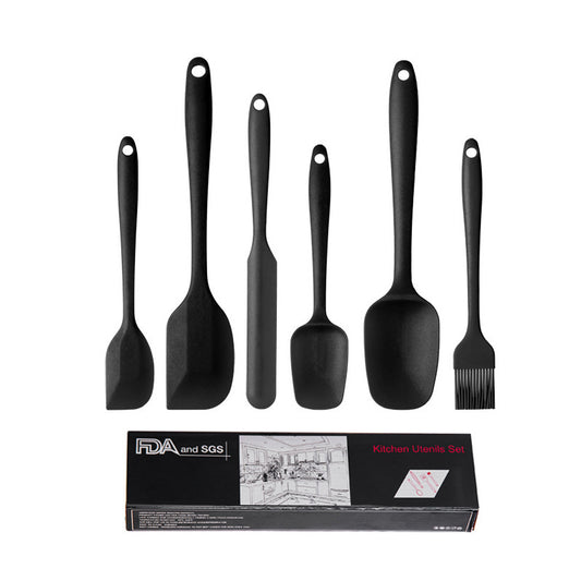 6-Piece Silicone Kitchen Utensil Set - Heat Resistant Baking Tools with Spatulas, Spoon, and Brush (Black)(2 set/12PCS)