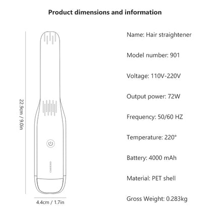 Black Wireless USB Rechargeable 2-in-1 Curling Iron & Flat Iron - Portable Hair Straightener & Curler