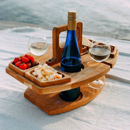 Sycamore Log Color Portable Wooden Picnic Table - Wine Glass & Snack Holder