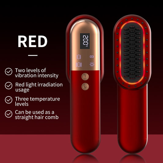 Red Mini Rechargeable Ionic Hair Straightening Comb | Portable Wireless Vibration Massage Brush for Frizz-Free, Smooth Hair