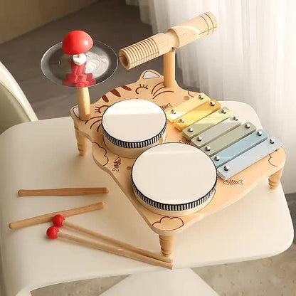 Cat Pattern Wooden Orff Percussion Musical Instrument Set for Kids – Xylophone, Drum, Gong, and Hand Drum – Educational Toys for Toddlers and Babies