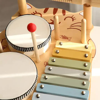 Cat Pattern Wooden Orff Percussion Musical Instrument Set for Kids – Xylophone, Drum, Gong, and Hand Drum – Educational Toys for Toddlers and Babies