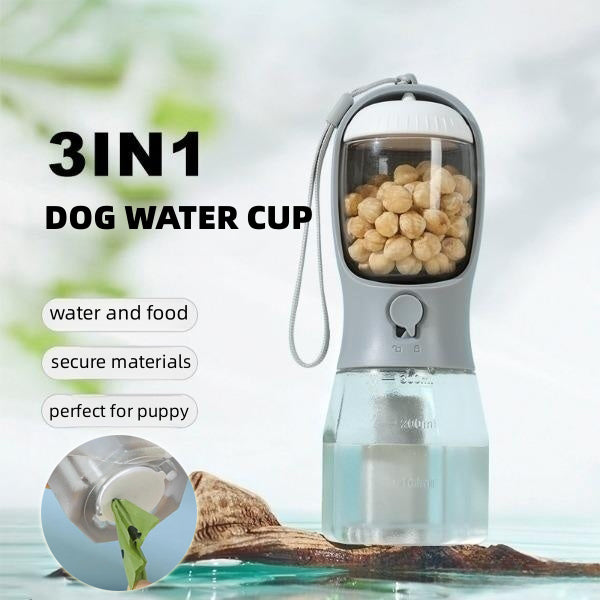 Orange 3-in-1 Portable Pet Water Bottle with Food Storage and Waste Bag Dispenser - 300mL Capacity