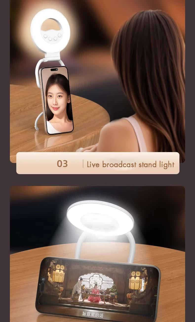 Foldable Clip-On Selfie Ring Light with Stand - Adjustable Brightness for Smartphones