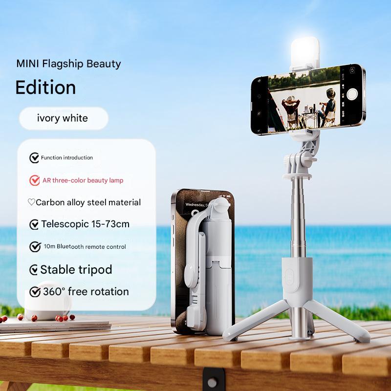 White With Light Portable Selfie Stick Tripod with Bluetooth Remote - Compact and Adjustable