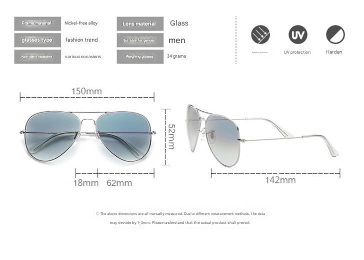 Black Frame Gradient Blue Glass Lens Classic Aviator Sunglasses - UV400 Protection with Metal Frame