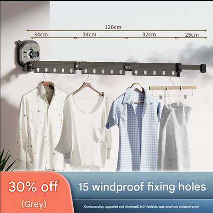 Grey Wall-Mounted Foldable Clothes Drying Rack - 3-Section Aluminum with 15 Windproof Hooks