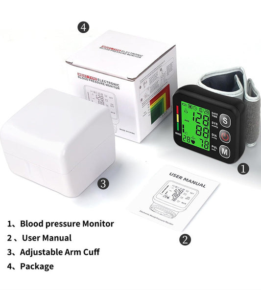 Black Compact Digital Wrist Blood Pressure Monitor with Adjustable Arm Cuff