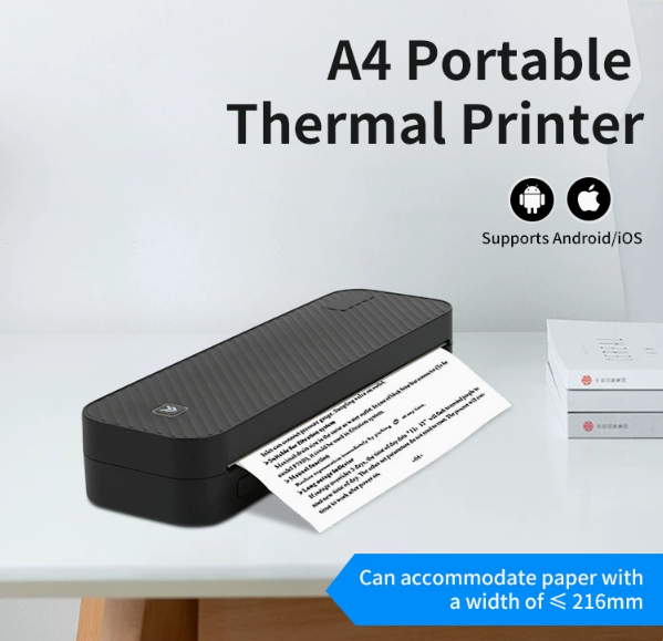 Black A4 Portable Thermal Printer for Android/iOS - Compact and Wireless, Supports Paper Width ≤ 216mm