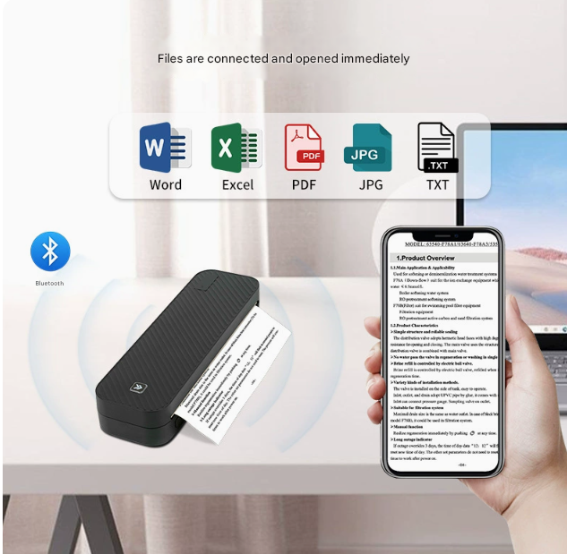 Black A4 Portable Thermal Printer for Android/iOS - Compact and Wireless, Supports Paper Width ≤ 216mm