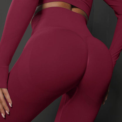 S Burgundy Seamless Butt-Lifting Yoga Leggings - High-Waist Peach Hip Workout Tights