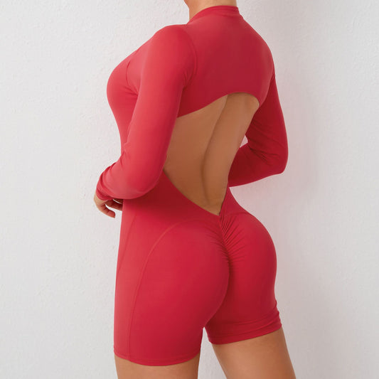 S Red Backless Scrunch Butt Workout Jumpsuit - Long-Sleeve Open-Back Yoga Romper