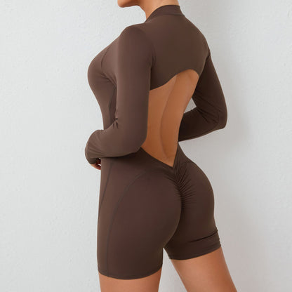 S Brown Backless Scrunch Butt Workout Jumpsuit - Long-Sleeve Open-Back Yoga Romper