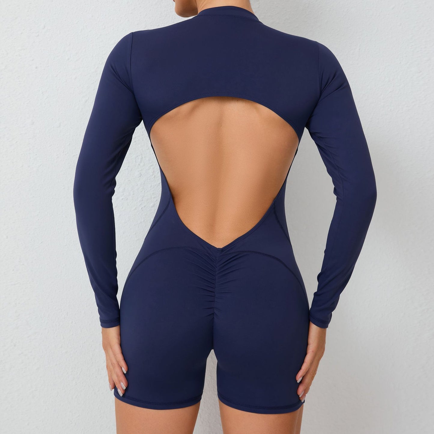 S Brown Backless Scrunch Butt Workout Jumpsuit - Long-Sleeve Open-Back Yoga Romper