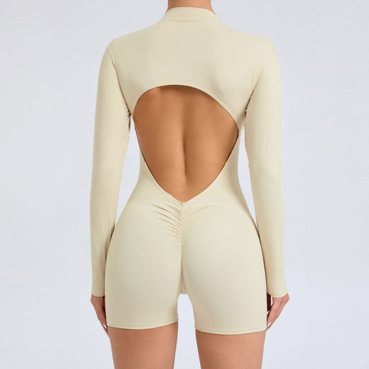 S Beige Backless Scrunch Butt Workout Jumpsuit - Long-Sleeve Open-Back Yoga Romper