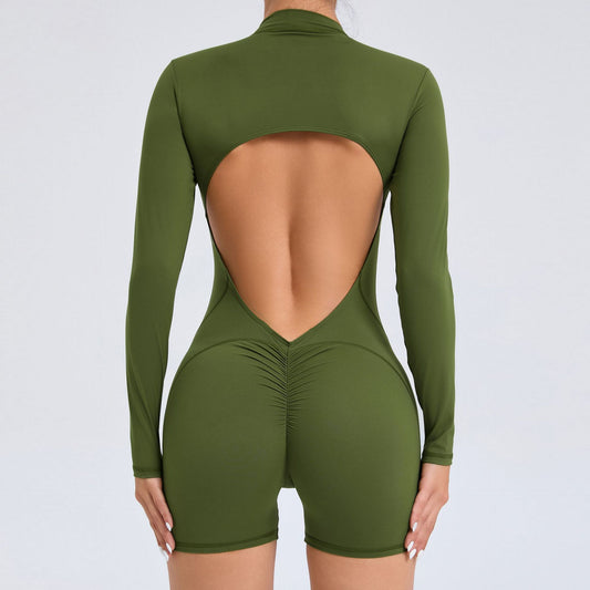 S Green Backless Scrunch Butt Workout Jumpsuit - Long-Sleeve Open-Back Yoga Romper