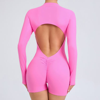 S Pink Backless Scrunch Butt Workout Jumpsuit - Long-Sleeve Open-Back Yoga Romper