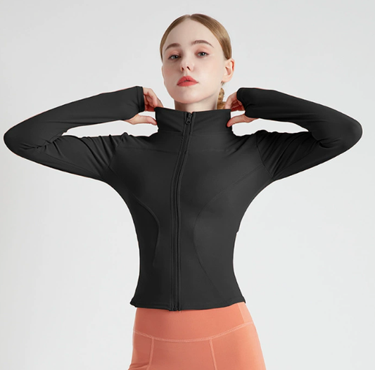 S Black High-Stretch Slim Fit Yoga Jacket - Full Zip Workout Sports Jacket for Women