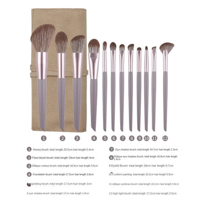 Gray purple 12-Piece Professional Makeup Brush Set with Cosmetic Bag - Premium Synthetic Fiber, Wooden Handle, Aluminum Tube