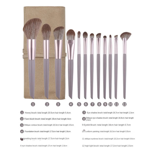 Gray purple 12-Piece Professional Makeup Brush Set with Cosmetic Bag - Premium Synthetic Fiber, Wooden Handle, Aluminum Tube