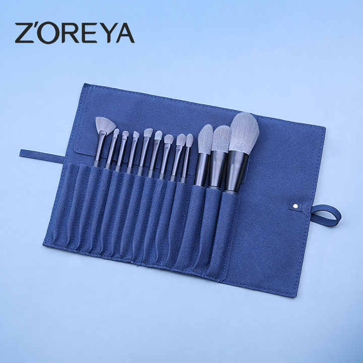 Off White 12-Piece Professional Makeup Brush Set with Cosmetic Bag - Premium Synthetic Fiber, Wooden Handle, Aluminum Tube