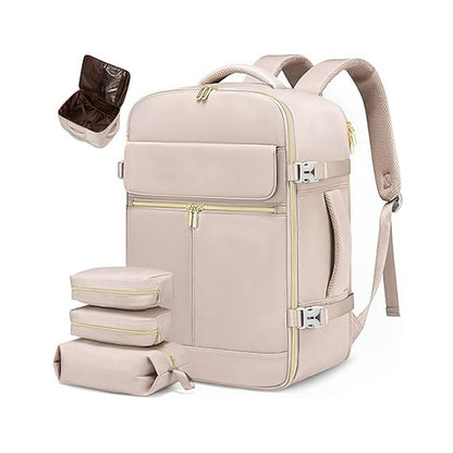 Light Pink 40L Large Capacity Travel Business Backpack with Expandable Compartments, Including 2 Toiletry Bags and Shoe Bag - Durable Oxford Fabric