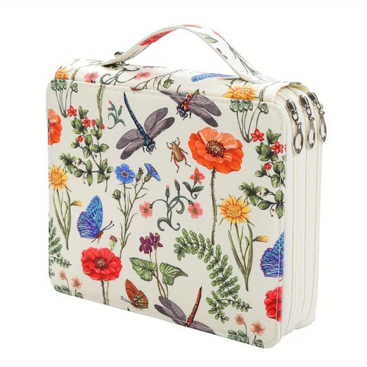 White Background + Dragonfly Pattern 124-Slot Large Capacity Zippered Pencil Case - Triple-Layer Oxford Fabric Organizer for Colored Pencils, Art Supplies Storage Bag (Pencils Not Included)