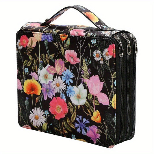 Black Background + Flowers Pattern 124-Slot Large Capacity Zippered Pencil Case - Triple-Layer Oxford Fabric Organizer for Colored Pencils, Art Supplies Storage Bag (Pencils Not Included)