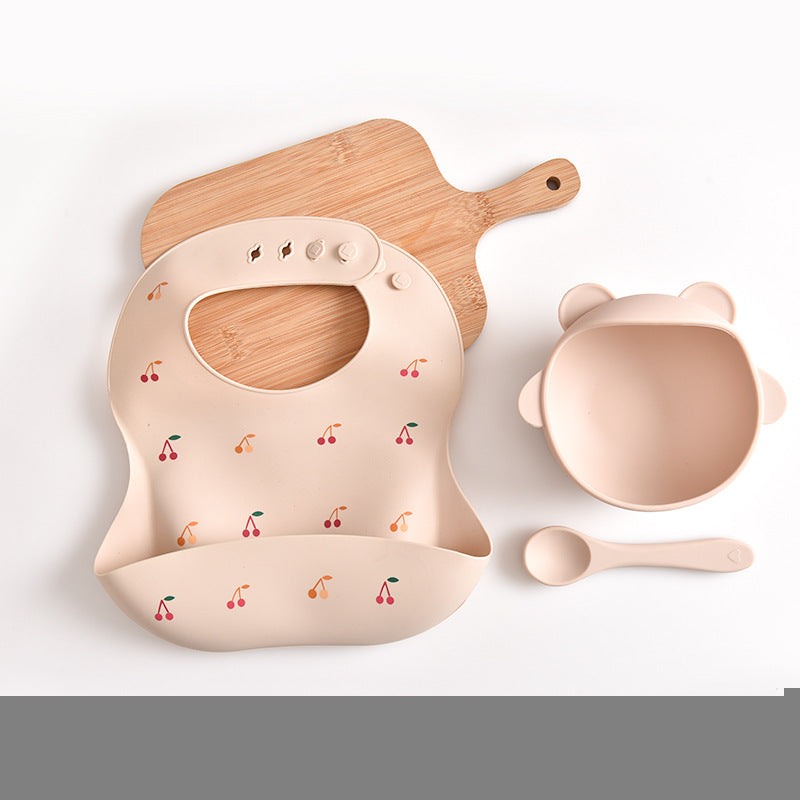 Cherry Pattern Beige Soft and Safe Silicone Baby Feeding Set – Bib, Bowl, and Spoon Combo for Mess-Free Meals